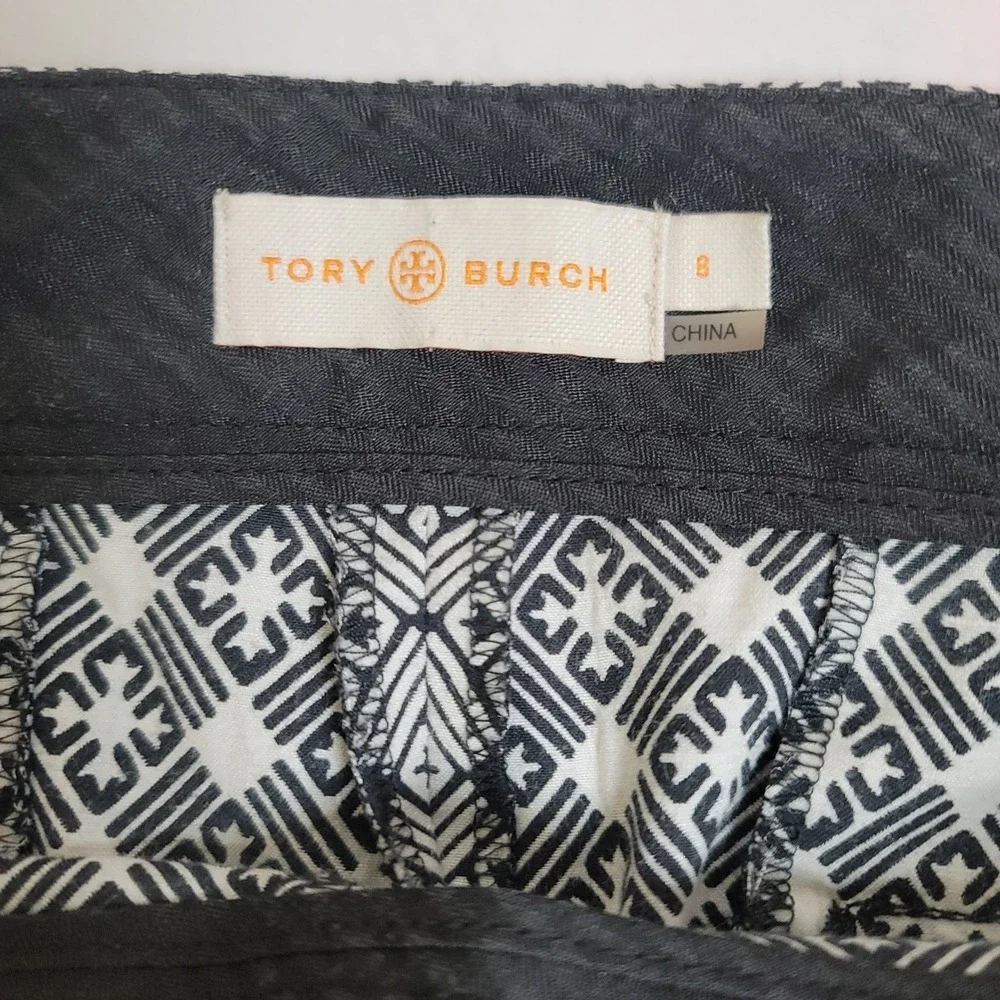 Tory Burch Jacquard Pants Stretch‎ Flat Front Geometric 8 Black Gray Work Casual